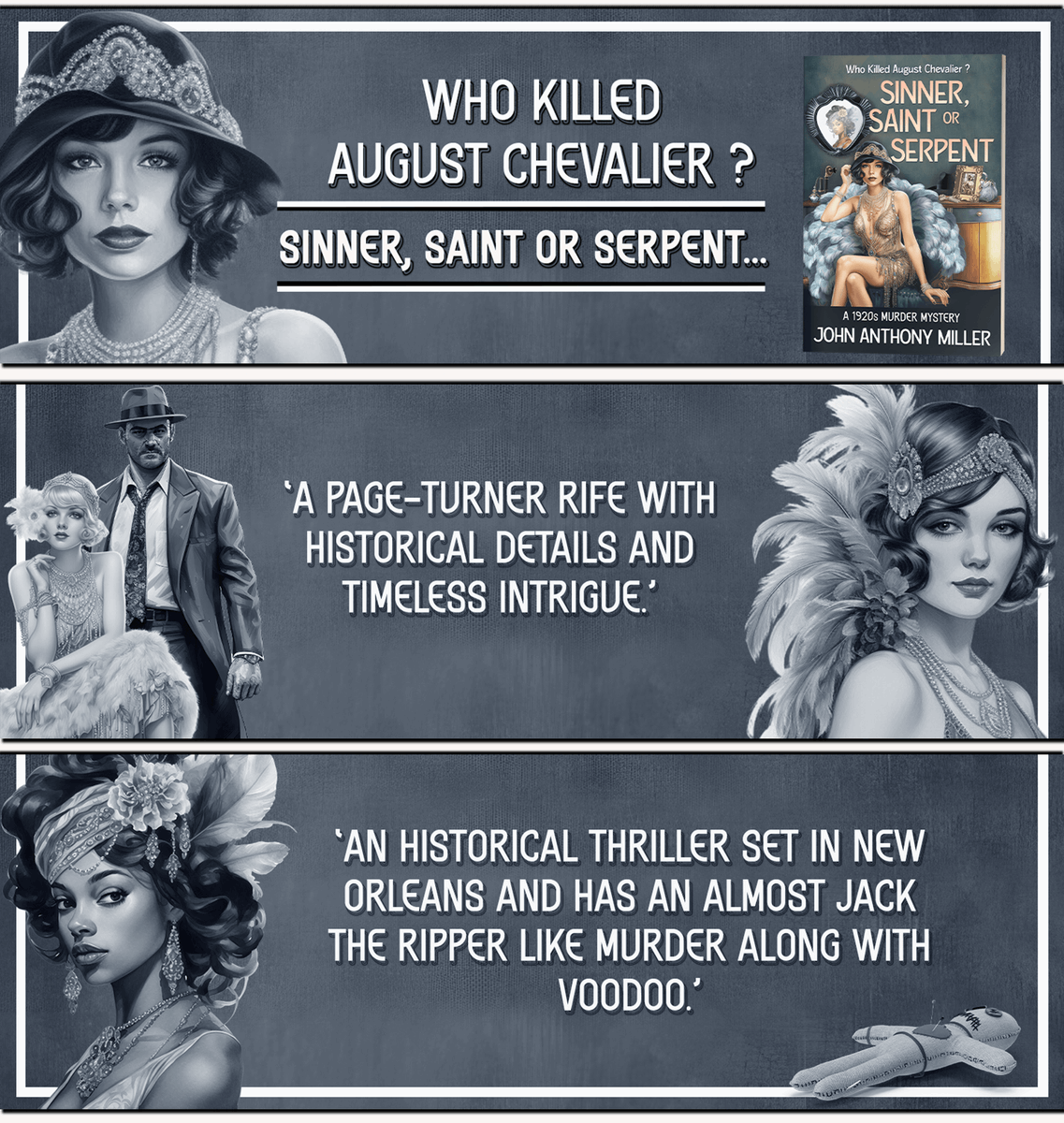 authorjamiller's tweet photo. Sinner, Saint or Serpent
New Orleans, 1926: The murder that you’ll never solve
#mystery #cozymystery #jazzage
https://t.co/f9aE0nK14r https://t.co/FNEhN8cYHX