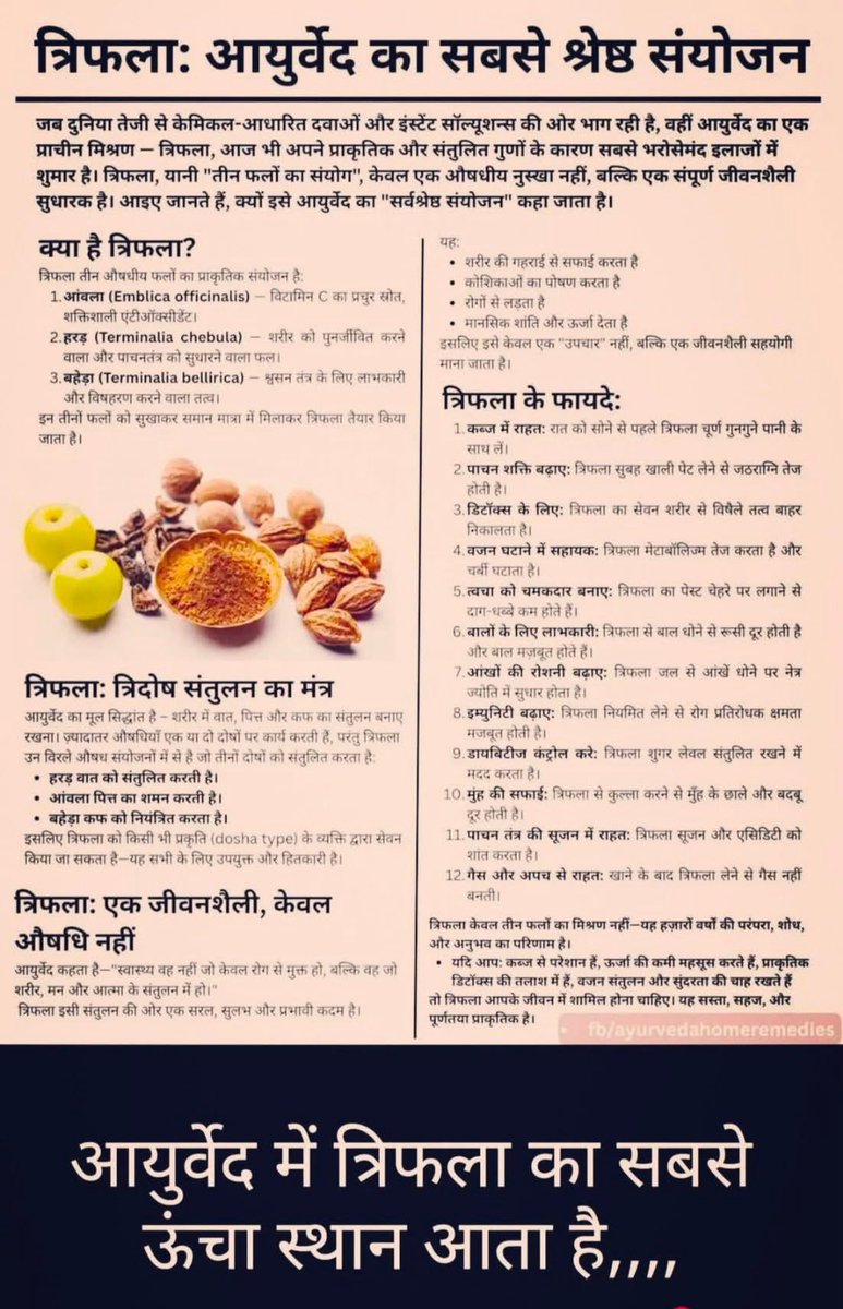 त्रिफला प्राचीन भारतीय चिकित्सा पद्धति आयुर्वेद में अनेक जड़ी-बूटियों और नुस्खों का उल्लेख है, लेकिन कुछ संयोजन इतने प्रभावशाली हैं कि हज़ारों साल बीतने के बावजूद उनका महत्व कभी कम नहीं होता,,,,
🧵