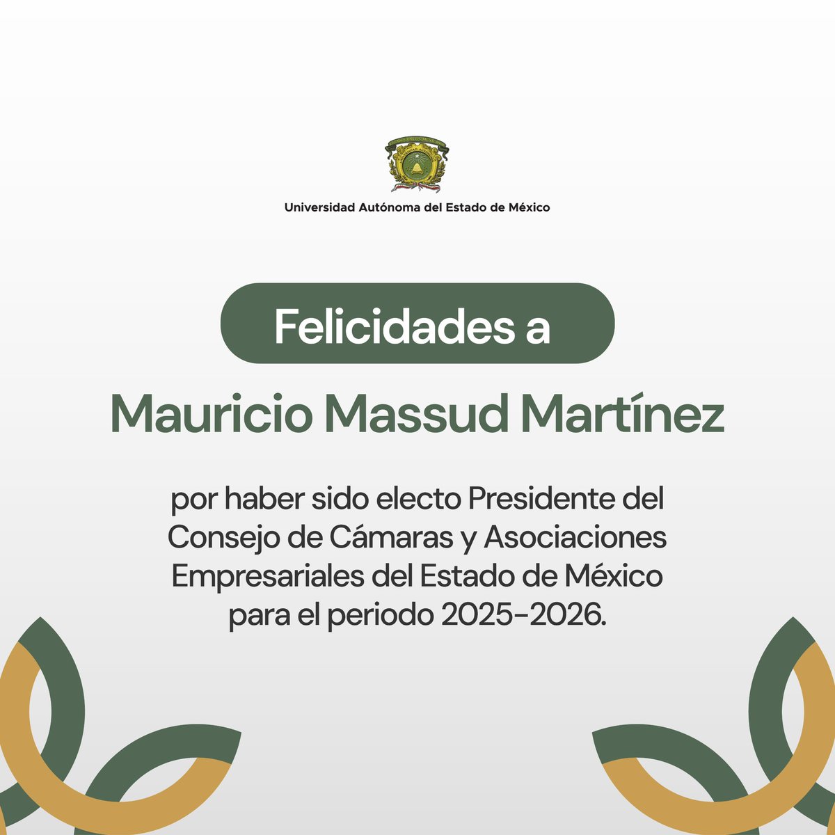 Expreso mi más sincera felicitación a <a href="/MassudMauricio/">Mauricio Massud</a> , su liderazgo y compromiso con el sector empresarial son ejemplo de trabajo en favor del desarrollo económico y social de nuestro Estado de México. Le deseo el mayor de los éxitos.