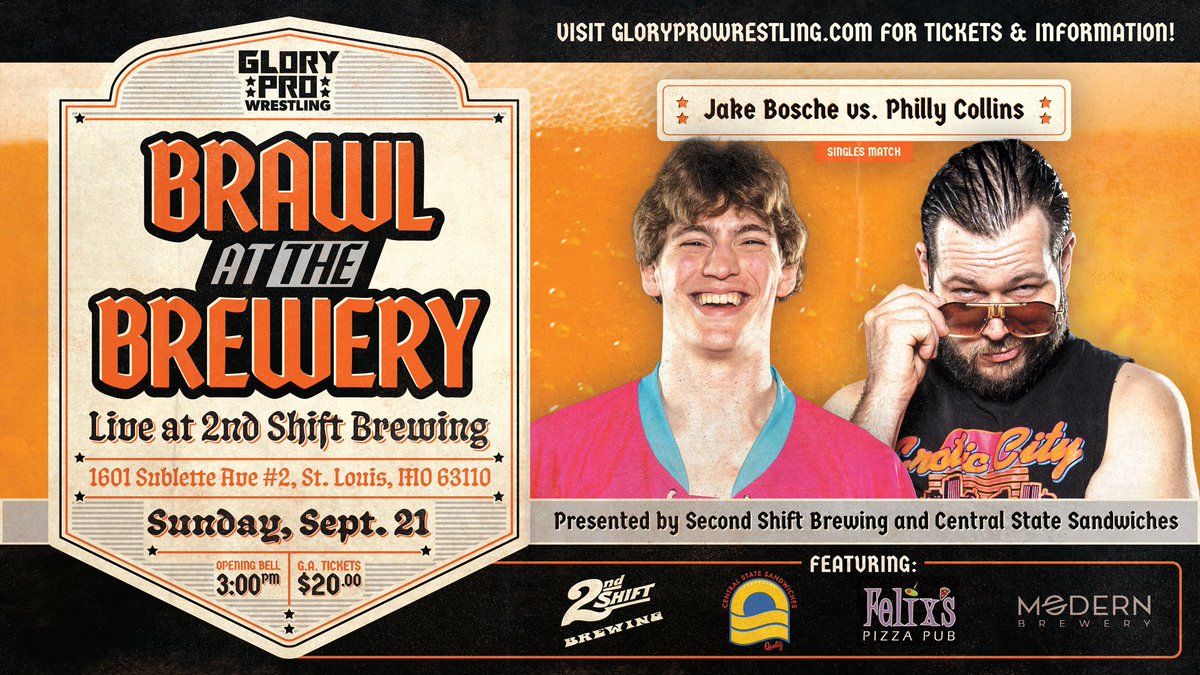 Glory Pro Wrestling (@weareglorypro) on Twitter photo Brawl at the Brewery!
Summer may be winding down but Glory Pro Wrestling stays HOT with <a href="/2ndshiftbrewing/">2nd Shift Brewing</a>
Ft <a href="/VeryKodyLane/">Kody “Koko” Lane</a> <a href="/JPWARHORSE/">Warhorse</a> <a href="/Shazza_McKenzie/">Shazza McKenzie / シャザ マッケンジー</a> <a href="/LaynieLuck/">Laynie</a> <a href="/ThanksDanTheDad/">Dan the Dad ダン・ザ・ダッド</a> + MORE
Sunday Sept 21 | 3pm
Tickets on sale NOW Brawl at the Brewery!
Summer may be winding down but Glory Pro Wrestling stays HOT with <a href="/2ndshiftbrewing/">2nd Shift Brewing</a>
Ft <a href="/VeryKodyLane/">Kody “Koko” Lane</a> <a href="/JPWARHORSE/">Warhorse</a> <a href="/Shazza_McKenzie/">Shazza McKenzie / シャザ マッケンジー</a> <a href="/LaynieLuck/">Laynie</a> <a href="/ThanksDanTheDad/">Dan the Dad ダン・ザ・ダッド</a> + MORE
Sunday Sept 21 | 3pm
Tickets on sale NOW