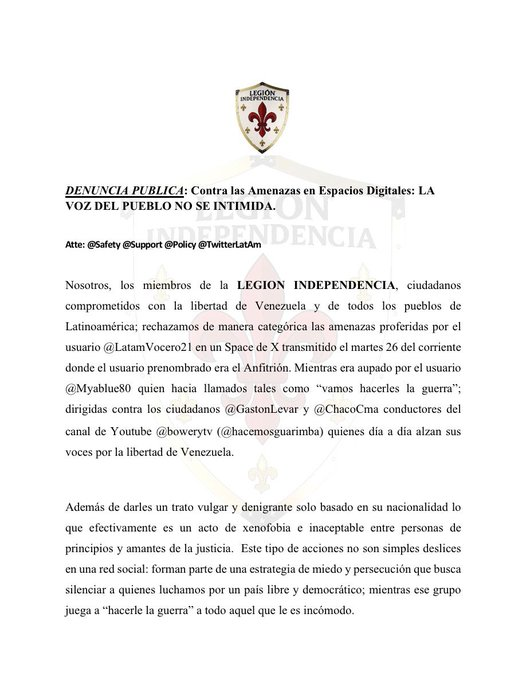 Angelina411203q's tweet image. La #LEGIONINDEPENDENCIA rechaza las amenazas proferidas por @LatamVocero21, mientras era aupado por el usuario @Myablue80, en contra de @GastonLevar y @ChacoCma conductores de (@hacemosguarimba)  cuyo único delito ha sido alzar sus voces por la libertad de Venezuela.