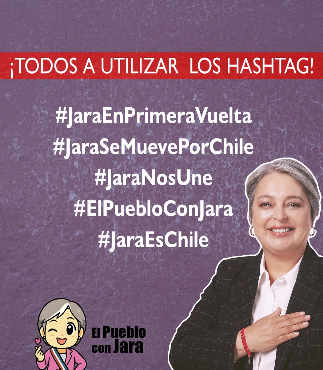 Y SI NOS SEGUIMOS TODAS Y TODOS LOS JARISTAS?

¡TODOS A UTILIZAR LOS HASHTAG!

#JaraEnPrimeraVuelta

#JaraSeMuevePorChile

#JaraNosUne

#ElPuebloConJara

#JaraEsChile

♥️♥️♥️♥️♥️♥️♥️♥️♥️♥️♥️