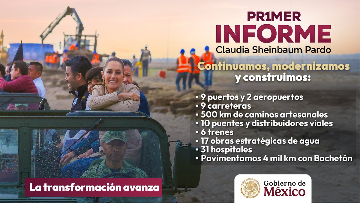 #LaTransformaciónAvanza con infraestructura 💪

Desde la SICT realizamos diversas obras para modernizar y conectar al país vía terrestre, ferroviaria y aérea 🛣️🚆🛫

En el #PrimerInforme de la Presidenta <a href="/Claudiashein/">Claudia Sheinbaum Pardo</a> trabajamos para #MásYMejorMovilidad 🇲🇽