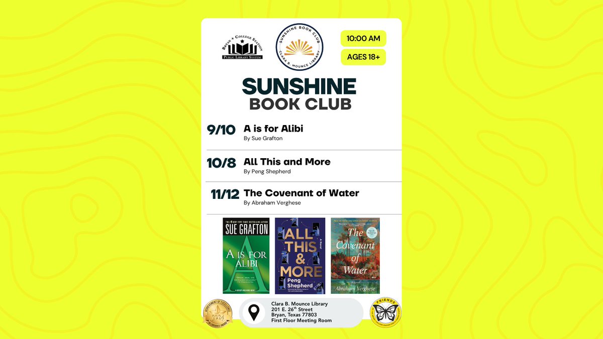 The Sunshine Book Club returns on Wednesday, September 10that the Mounce Library. We will be discussing A is for Alibi by Sue Grafton, a mystery tale set on the California coast. Start time is 10AM in the 1st floor Conference Room. New members encouraged. We hope to see you then!