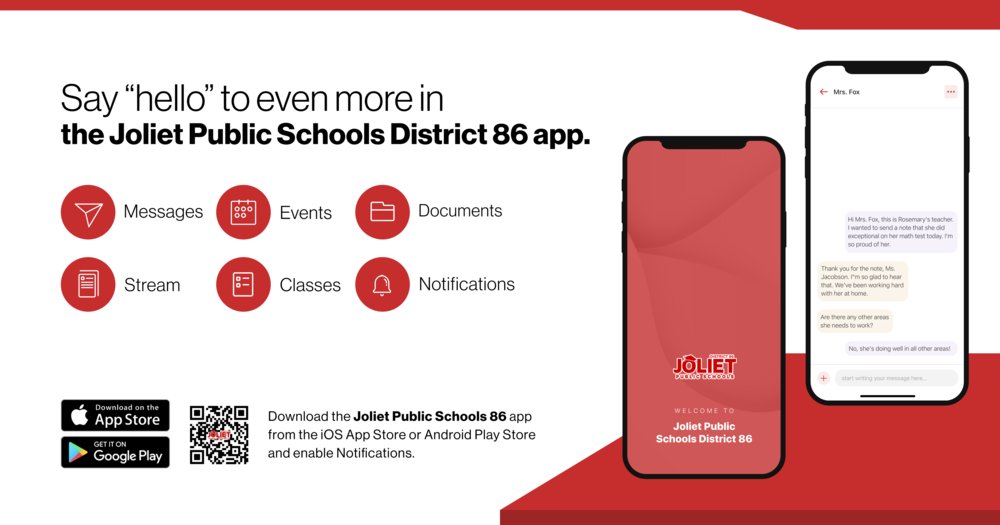 Descargue la nueva aplicación «Joliet District 86» en Apple Store o Google Play Store. #D86Hope
