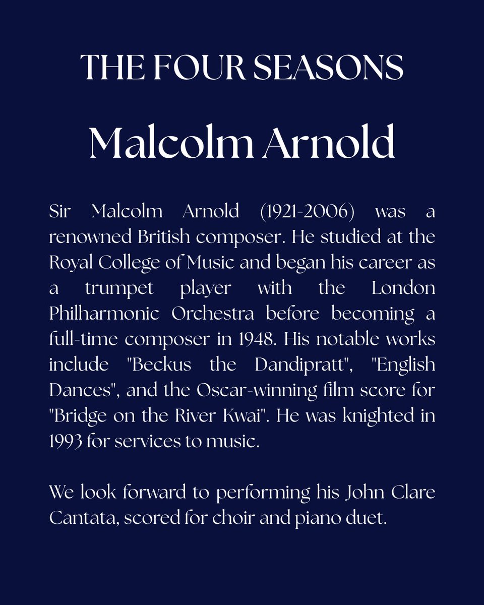 London Choral Sinfonia (@thelcsmusic) on Twitter photo The Four Seasons: Composer Spotlight 🎼
We’re excited to be performing Barber’s ‘Sure on this shining night’ and Arnold’s ‘John Clare Cantata’ in our concert on 1st October 🎵
📆 1st October 2025
⏱️ 19:30
📍 <a href="/cadoganhall/">Cadogan Hall</a>
🎟️ bit.ly/4mqiVCh 🔗 The Four Seasons: Composer Spotlight 🎼
We’re excited to be performing Barber’s ‘Sure on this shining night’ and Arnold’s ‘John Clare Cantata’ in our concert on 1st October 🎵
📆 1st October 2025
⏱️ 19:30
📍 <a href="/cadoganhall/">Cadogan Hall</a>
🎟️ bit.ly/4mqiVCh 🔗