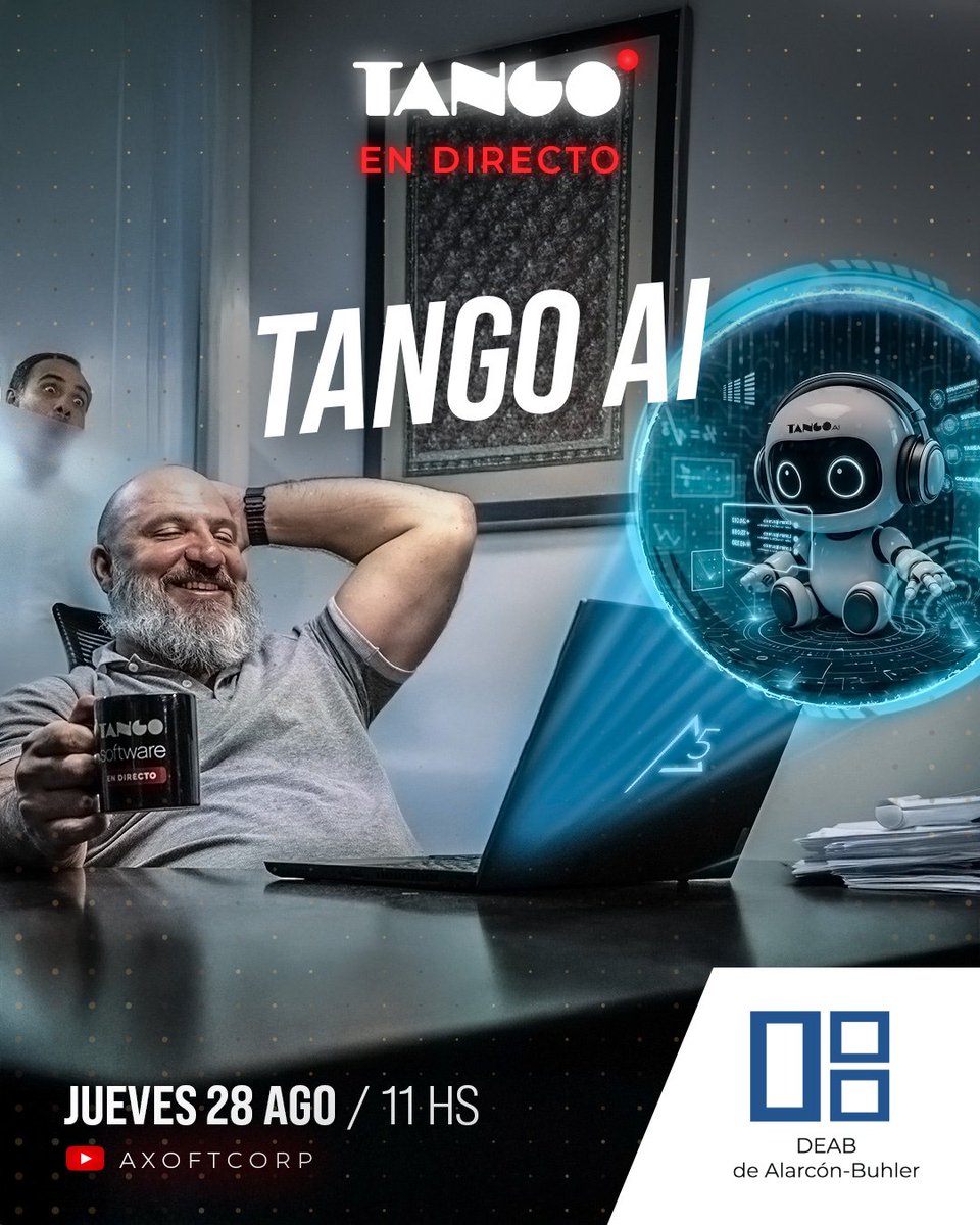 DEABTango's tweet image. #TangoEnDirecto

👉 Mañana, jueves a las 11h, no te pierdas el directo de Tango AI, donde se verá como habilitar el servicio Tango AI, el manejo de Tango Billing.

🔔Suscribite al canal

🔴YouTube: Acceso youtube.com/@AxoftCorp

#tangosoftware #dealarconbuhler
