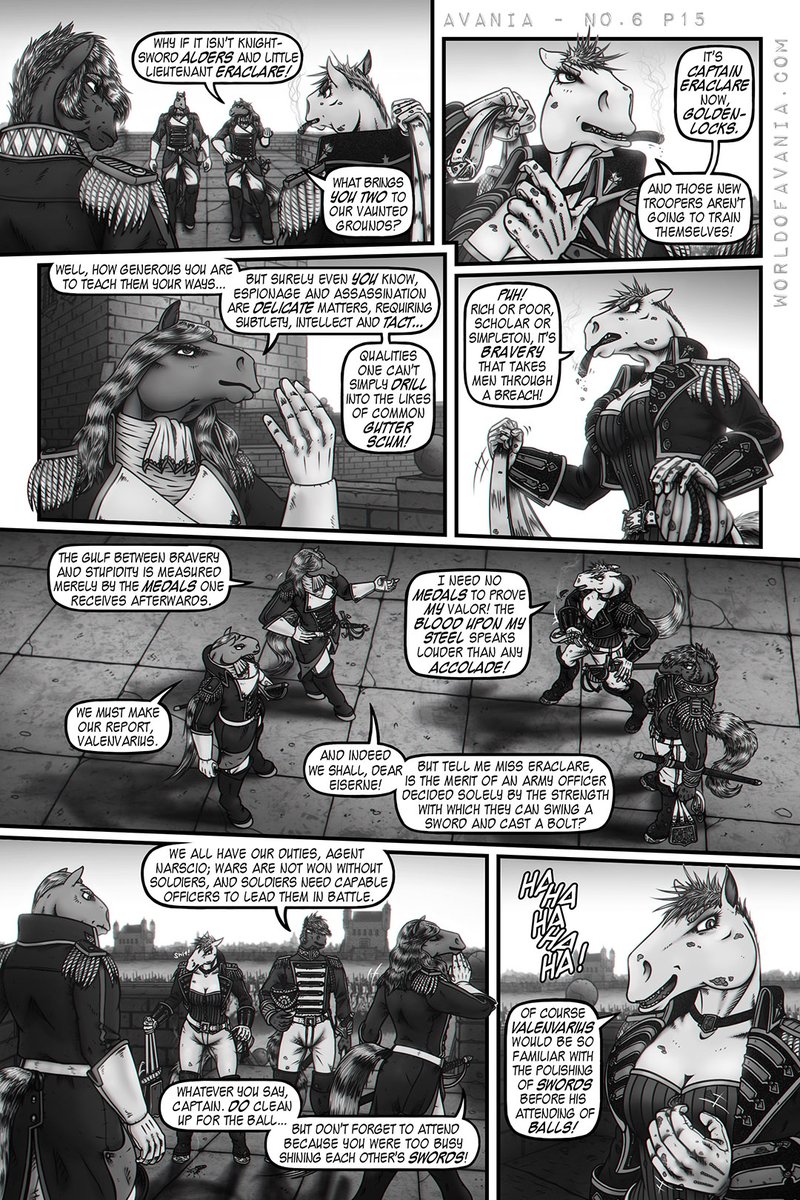 The 2nd chapter of issue 6 of my #webcomic, Avania, brings us to a new locale--one that not only isn't in Avania, but isn't even on the same world! It is time to accompany Valenvarius and Eiserne to their world of... Demonus!

Avania No.6, pages 12-15 worldofavania.com