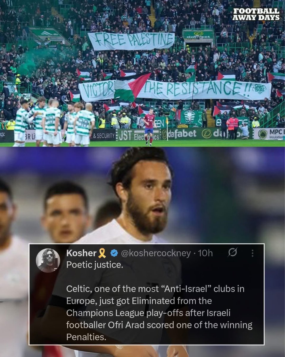 This X user claims Celtic going out on penalties is “Karma” for all of their anti Israel banners 😶‍🌫️

From the river to the sea, celtic fans will watch champions league on TV 😂