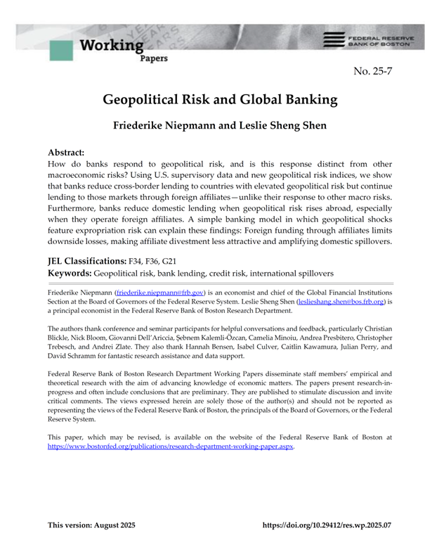 int_mon_econ's tweet image. Highly interesting!
"Geopolitical Risk and Global Banking" by Friederike Niepmann and Leslie Sheng Shen.
"How do banks respond to geopolitical risk, and is this response distinct from other macroeconomic risks? Using U.S. supervisory data and new geopolitical risk indices, we…