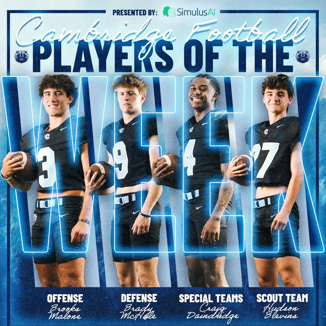 Congrats to our Players of the Week vs John’s Creek! Sponsored by <a href="/SimulusAI/">Simulus AI</a> 

Offense - <a href="/BrooksMalone27/">Brooks Malone</a> 
Defense - <a href="/bradymchale9/">Brady McHale</a> 
Special Teams - <a href="/craigddandridge/">Craig Donnell Dandridge jr</a> 
Scout Team - Hudson Blevins