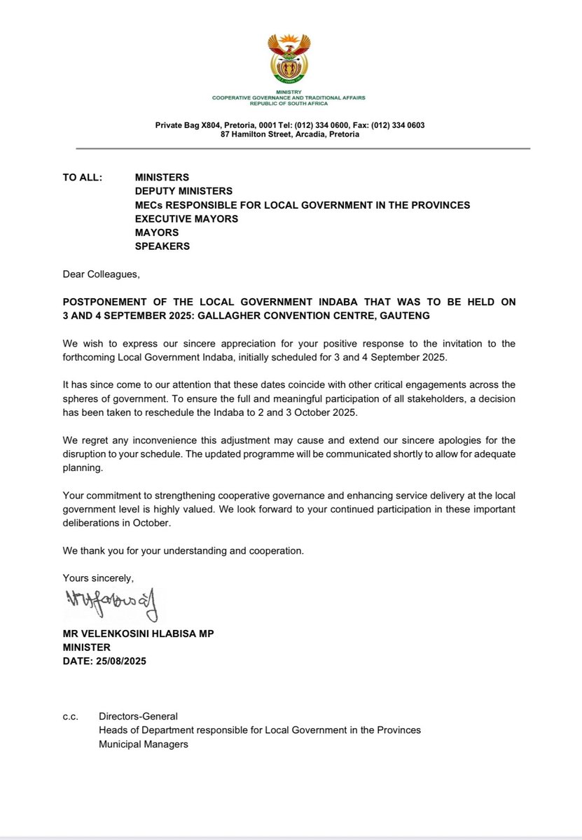 .<a href="/PMG_SA/">PMG</a> Official announcement on the postponement has been released, forwarded as received. Cc: <a href="/NationalCoGTA/">NationalCoGTA 🇿🇦</a>
