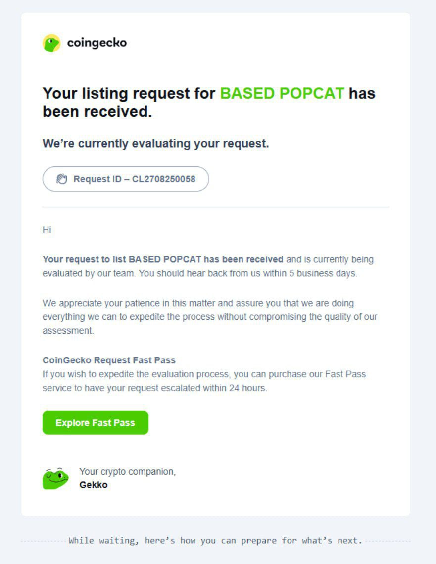 POPCAT_ON_BASE's tweet photo. BASED $POPCAT submitted CoinGecko listing request ✅
Request ID: CL2708250058

This is another important step toward wider visibility and recognition for our project. 🎉
Stay tuned for updates as we wait for CoinGecko’s review and approval process.

Thank you for your continued support—together we’re building something strong! 🚀🔥

#POPCAT 
#BASE