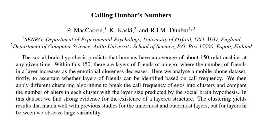 Beynimizin sosyal ilişki kurabileceği kişi sayısı sınırlıdır.
35 milyon kişinin verileri analiz edildi, çok samimi olduğumuz kişi sayısının genelde 4 olduğu görüldü. Temas kurulan maksimum kişi sayısı ise 129.