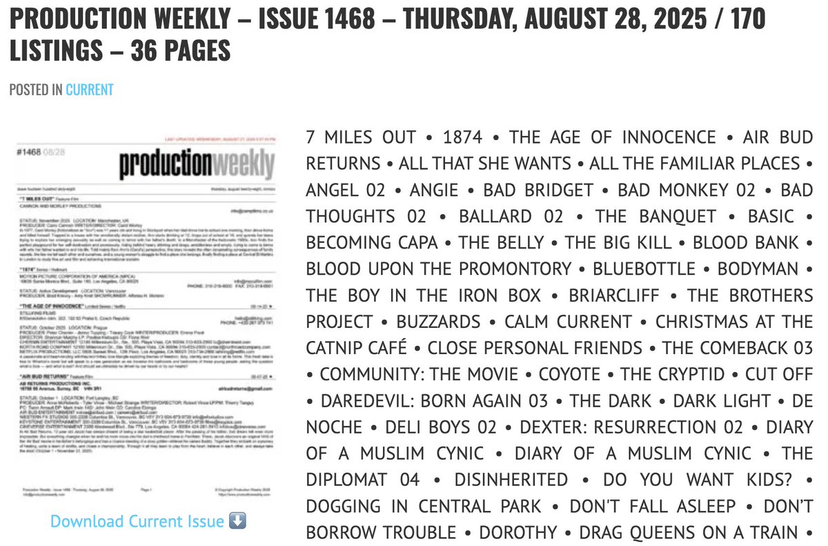 prodweek's tweet image. Production Weekly - Issue 1468 - Thursday, August 28, 2025 / 170 Listings - 36 Pages

Download Current Issue ⬇️

productionweekly.com/production-wee…