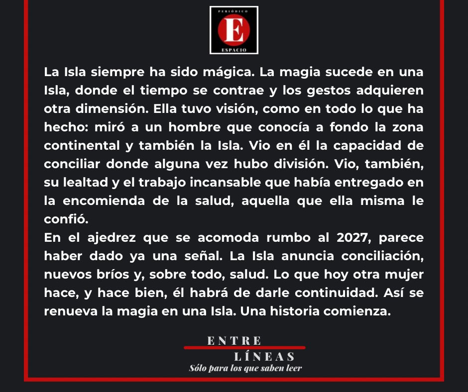 EDITORIAL 📰🗞️

La Isla siempre ha sido mágica ✨🌴🌊. La magia sucede en una Isla 🏝️, donde el tiempo se contrae ⏳ y los gestos adquieren otra dimensión 🌌. Ella tuvo visión 👀💡, como en todo lo que ha hecho: miró a un hombre que conocía a fondo la zona continental 🌎 y