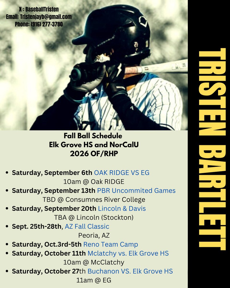 TristenBartlettBaseball (@baseballtristen) on Twitter photo Below is my Fall Schedule through Elk Grove HS and NorCalU. <a href="/NorCalU1/">NorCalU</a> <a href="/NorCalBaseball/">Tony Crivello</a> <a href="/egherdbaseball/">EG Herd Baseball</a> <a href="/PrepBaseballCA/">PREP BASEBALL CALIFORNIA</a> <a href="/HankLoForte/">Hank LoForte</a> <a href="/DialloFon/">Diallo Fon</a> Below is my Fall Schedule through Elk Grove HS and NorCalU. <a href="/NorCalU1/">NorCalU</a> <a href="/NorCalBaseball/">Tony Crivello</a> <a href="/egherdbaseball/">EG Herd Baseball</a> <a href="/PrepBaseballCA/">PREP BASEBALL CALIFORNIA</a> <a href="/HankLoForte/">Hank LoForte</a> <a href="/DialloFon/">Diallo Fon</a>
