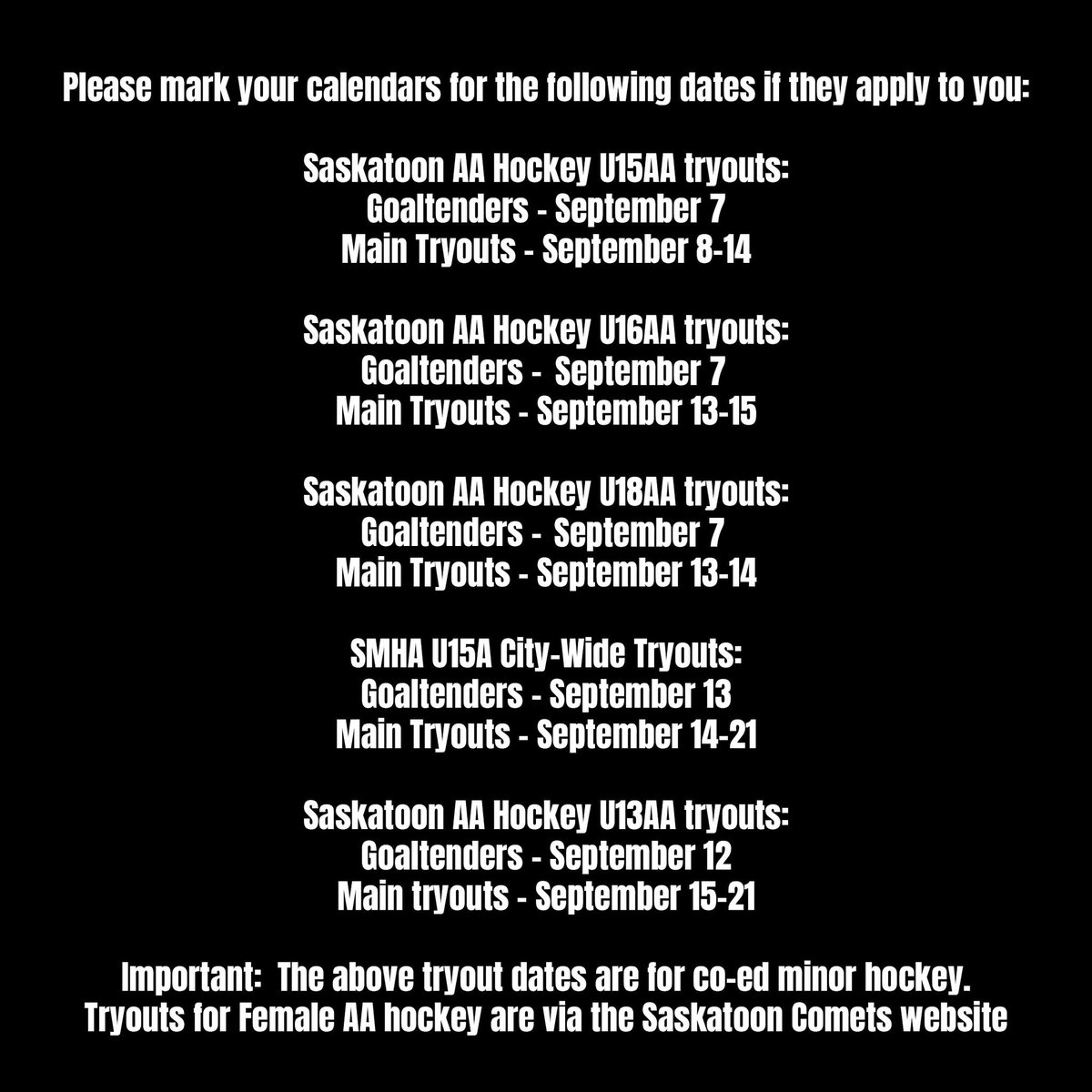 SMHA &amp; Saskatoon AA Hockey Tryouts – Mark Your Calendars! 🏒