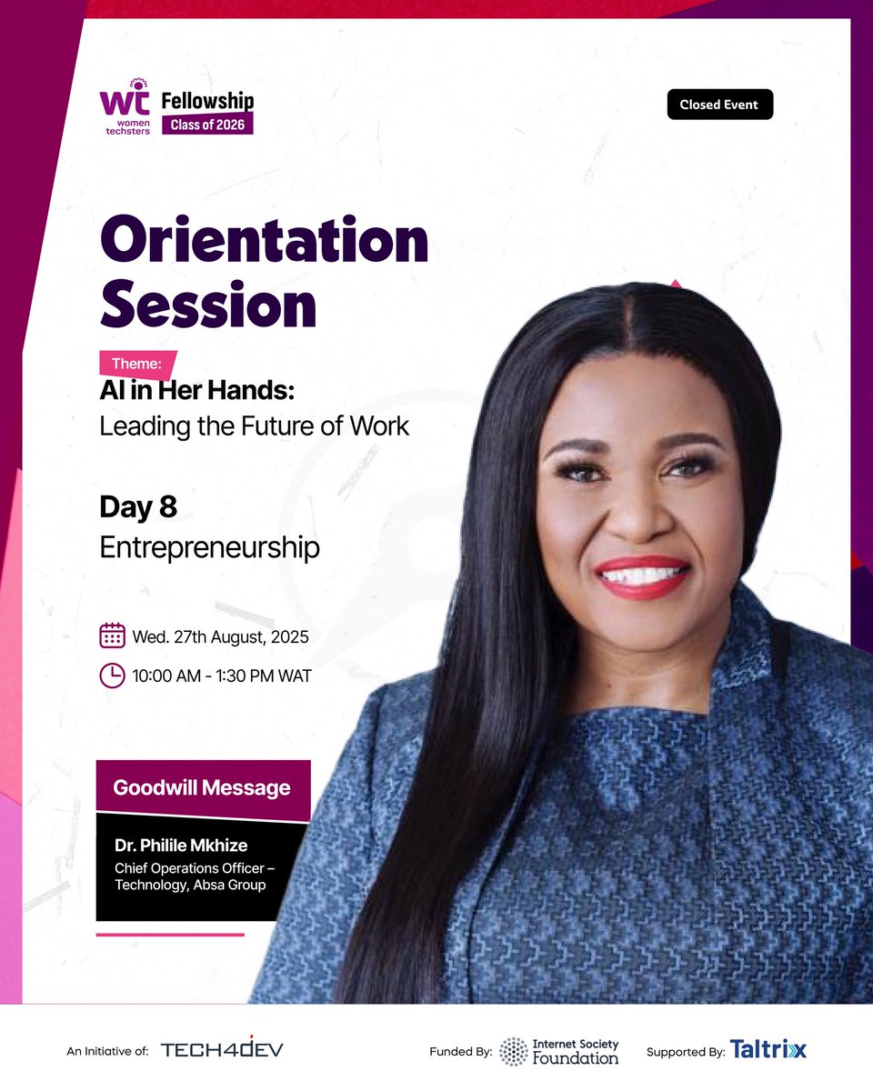 _favourme's tweet photo. WTF Orientation: Day 8🚀
Day 8 = Entrepreneurship Masterclass!
From running a tech company in Africa, to thriving at the intersection of AI and innovation, to the legal must-knows before launching a business..
Yesterday was 🔥

#WTFC26 #AIinHerHands #Tech4Dev #Day8 
@Tech4DevHQ https://t.co/pcbd2Bw0mq