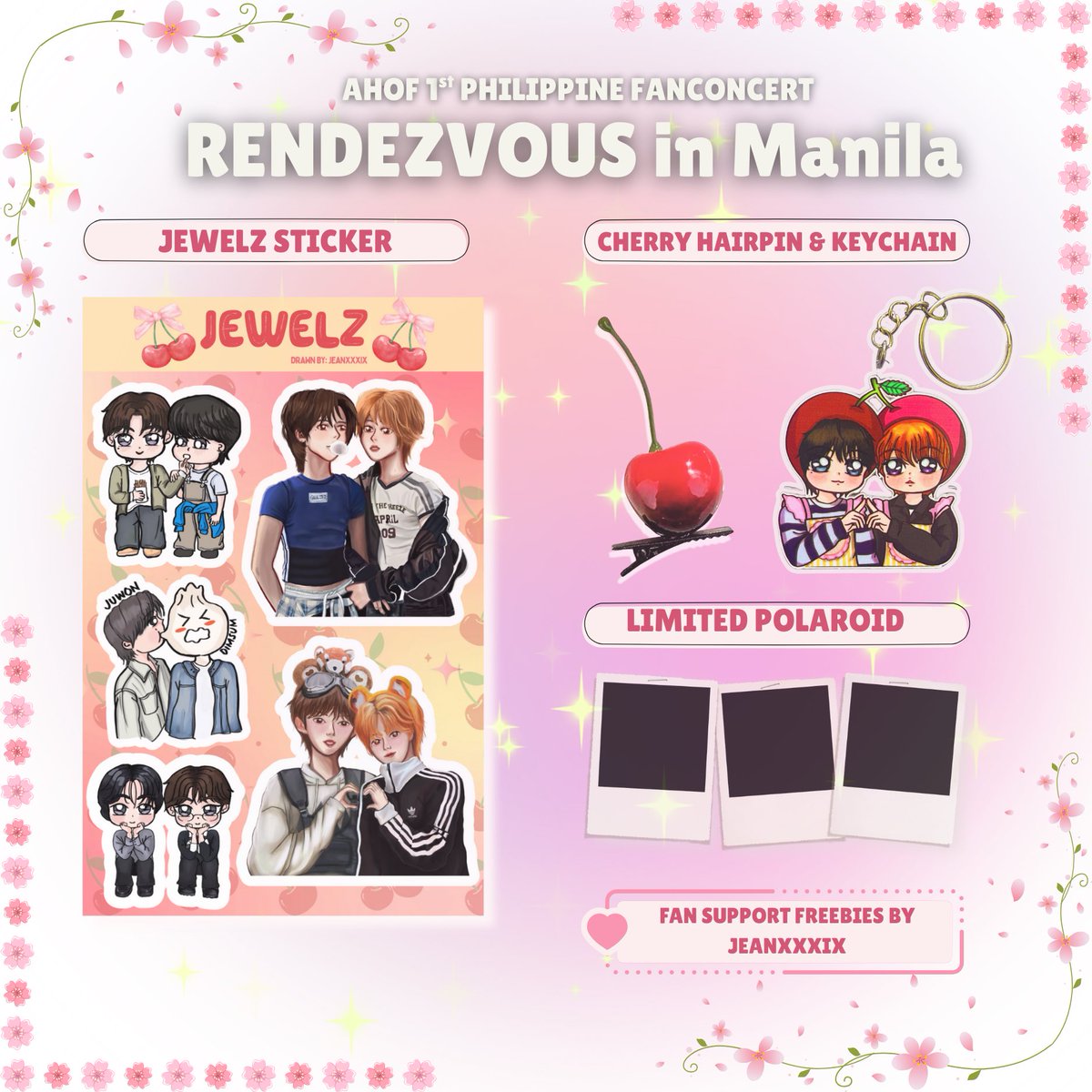 JEAN (@jeanxxxix) on Twitter photo 🍒 AHOF FANCON JEWELZ FREEBIES 🍒
For AHOF’s 1st Fancon in the Philippines, I’ll be giving away Jewelz-themed freebies! 🍒
🌸 JEWELZ Sticker
🌸 Cherry Hairpin
🌸 JEWELZ Keychain
🌸 Random JEWELZ Polaroid
📌 FREEBIE DISTRIBUTION DETAILS
🗓: August 30, 2025
📍: Around Araneta 🍒 AHOF FANCON JEWELZ FREEBIES 🍒
For AHOF’s 1st Fancon in the Philippines, I’ll be giving away Jewelz-themed freebies! 🍒
🌸 JEWELZ Sticker
🌸 Cherry Hairpin
🌸 JEWELZ Keychain
🌸 Random JEWELZ Polaroid
📌 FREEBIE DISTRIBUTION DETAILS
🗓: August 30, 2025
📍: Around Araneta