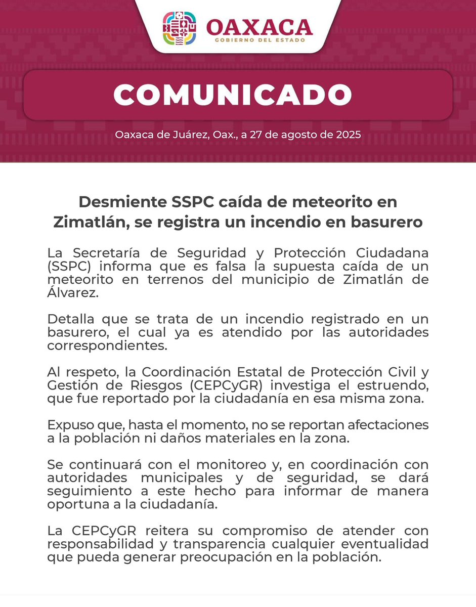 GobOax's tweet photo. Desmiente SSPC caída de meteorito en Zimatlán, se registra un incendio en basurero https://t.co/FlmbAnKnUd
