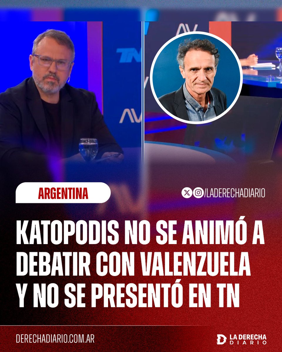 🚨🇦🇷 | KATOPODIS NO SE ANIMÓ A DEBATIR CON VALENZUELA: El candidato kirchnerista por la Primera Sección Electoral se bajó del debate con el candidato de Milei a último momento y dejó la silla vacía en TN.