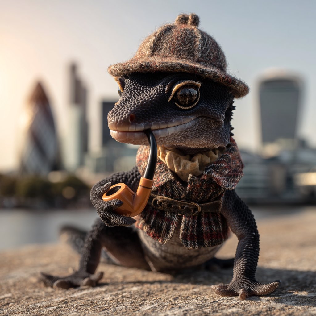 Londonleopa's tweet image. My late brother designed the London leopa logo. 

A leopard gecko with Sherlock Holmes style deerstalker hat and pipe with well known London landmarks in the background. 

Here’s some Ai generated images based on the logo theme. 
1️⃣❤️
#londonleopa
#leopardgecko
#sherlockholmes