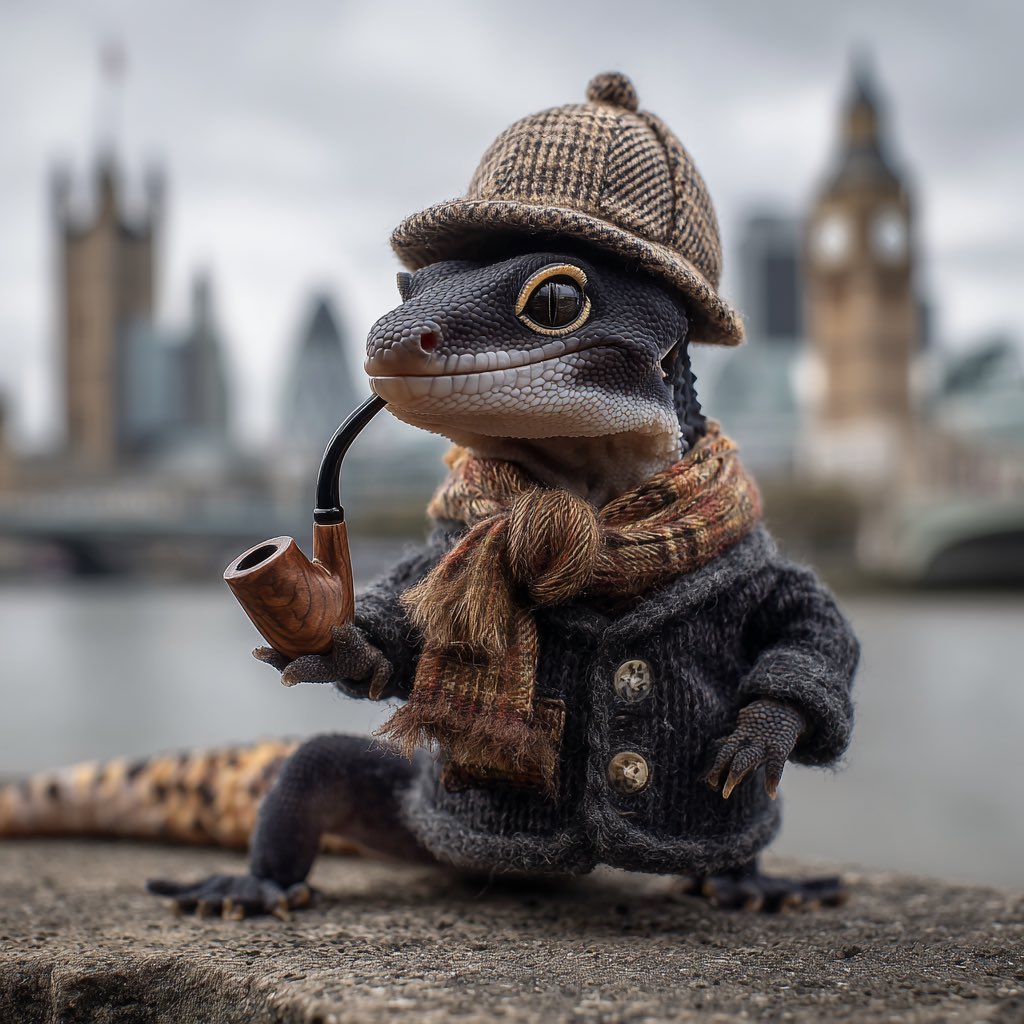 Londonleopa's tweet image. My late brother designed the London leopa logo. 

A leopard gecko with Sherlock Holmes style deerstalker hat and pipe with well known London landmarks in the background. 

Here’s some Ai generated images based on the logo theme. 
1️⃣❤️
#londonleopa
#leopardgecko
#sherlockholmes