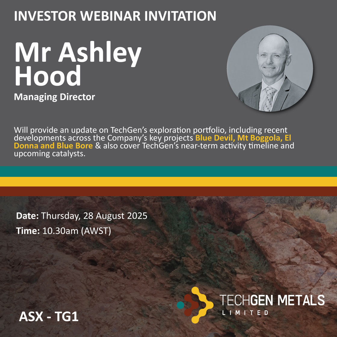 TechGenMetals's tweet image. ASX Announcement: Investor Webinar
#TG1 is pleased to invite shareholders & interested parties to attend an upcoming investor webinar to be presented by MD, Ashley Hood.
🎥 To watch the webinar, must register: lnkd.in/eujkdhgZ
🔗 Read full announcement here:…