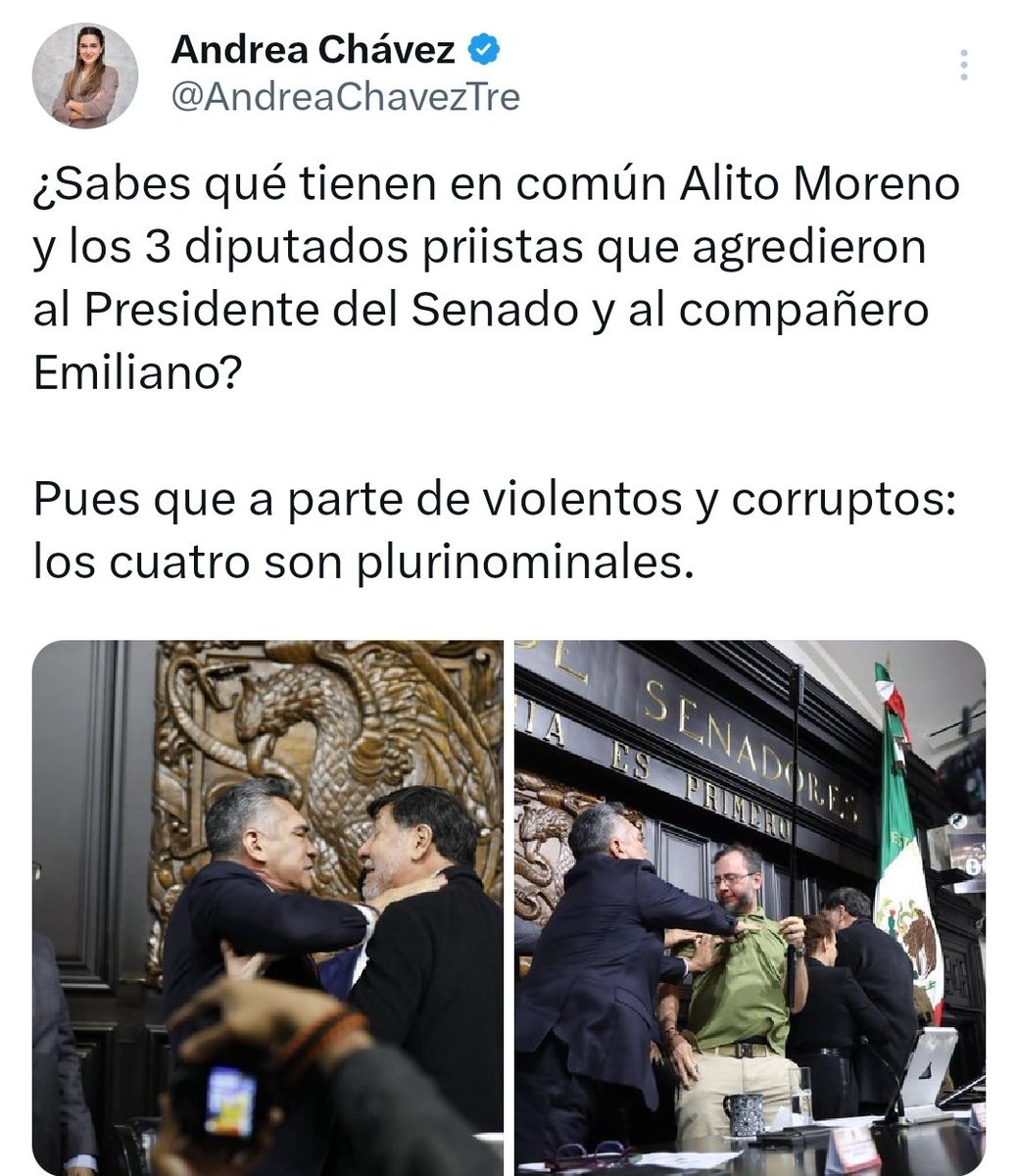 <a href="/LuisaAlcalde/">Luisa Alcalde</a> <a href="/senadomexicano/">Senado de México</a> <a href="/alitomorenoc/">Alejandro Moreno</a> <a href="/fernandeznorona/">Fernández Noroña</a> Luisa María ejerzan de una buena vez la mayoría que les otorgamos, desafueren a los corruptos bélicos plurinominales, reaccionen porque nos estamos cansando de su pasividad.