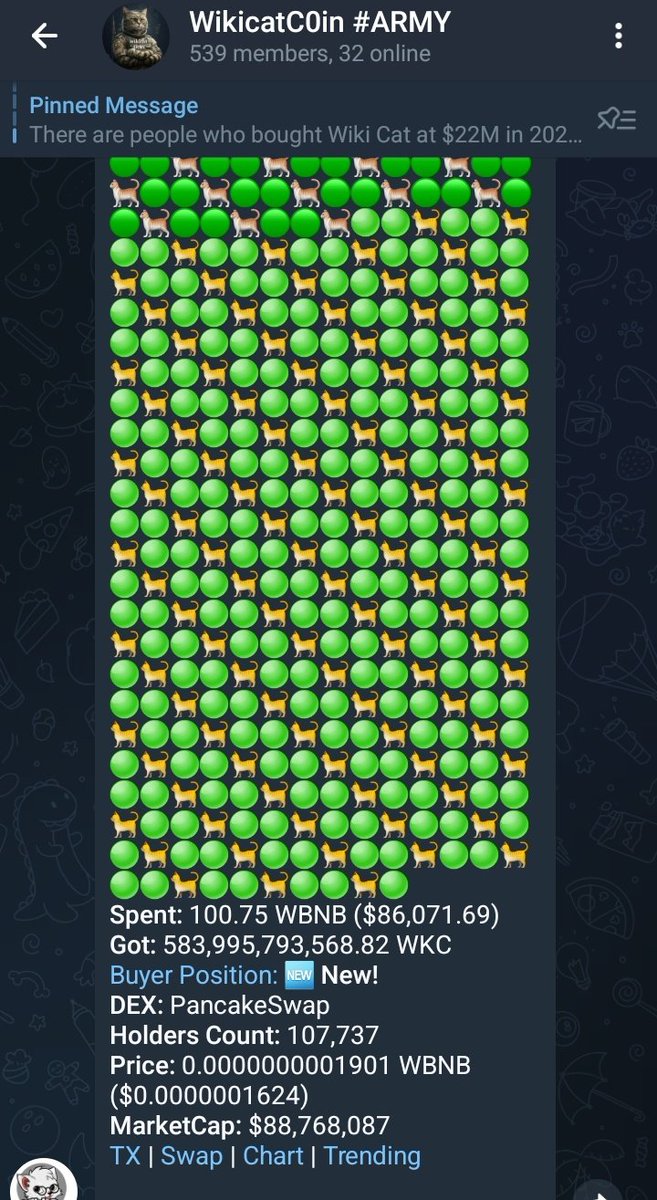 Big Breaking 🔥🔥🔥
A whale 🐋 just used $86k+ to buy wikicat.

I told you if you bet against wikicat, you'll be run over 🔥 🦅🦅🔥