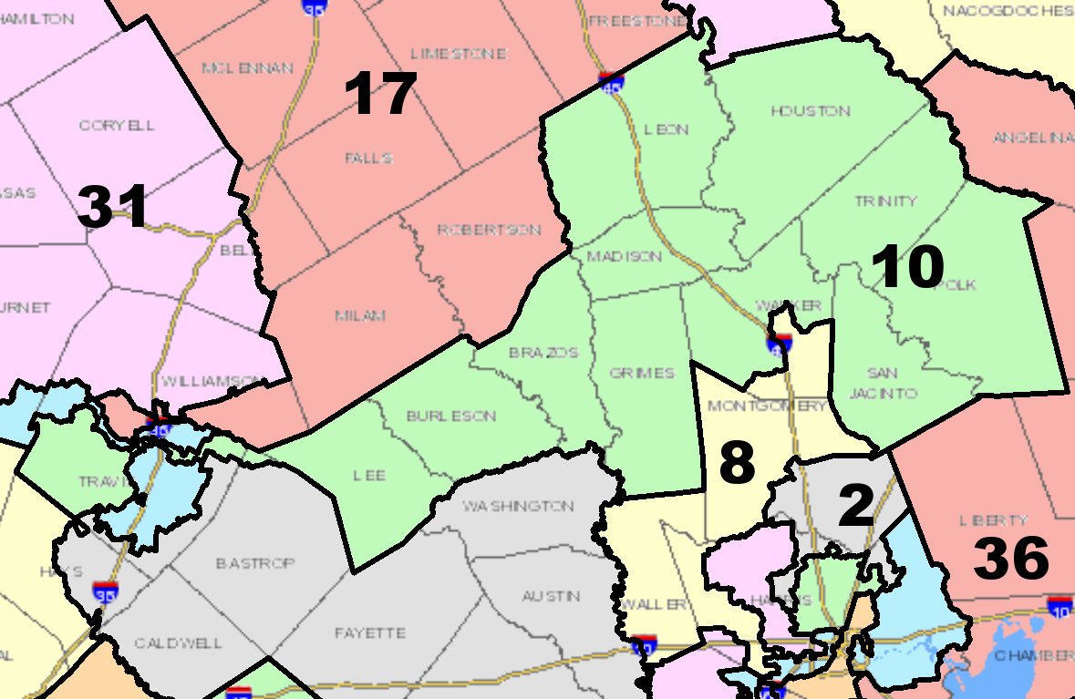 TX District 10 connects West Austin &amp; Lake Travis with College Station and a chunk of East Texas, strung together by 200 meters at its skinniest point. 

It’s so stupid.