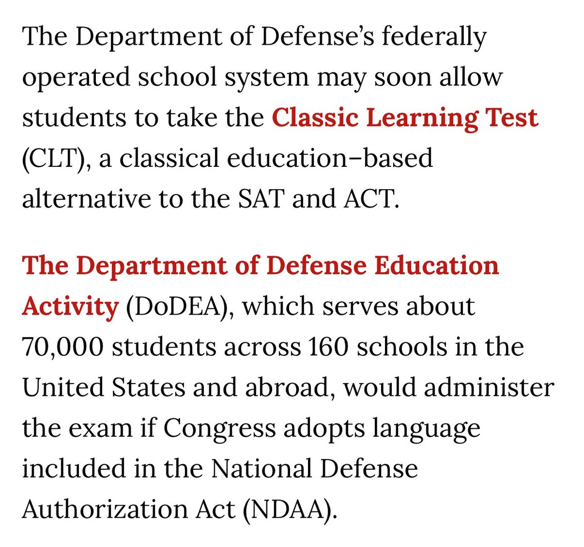 Secretary <a href="/PeteHegseth/">Pete Hegseth</a>: this would be incredible. Young men and women whose parents are serving our nation deserve a rigorous, classical alternative to the SAT.