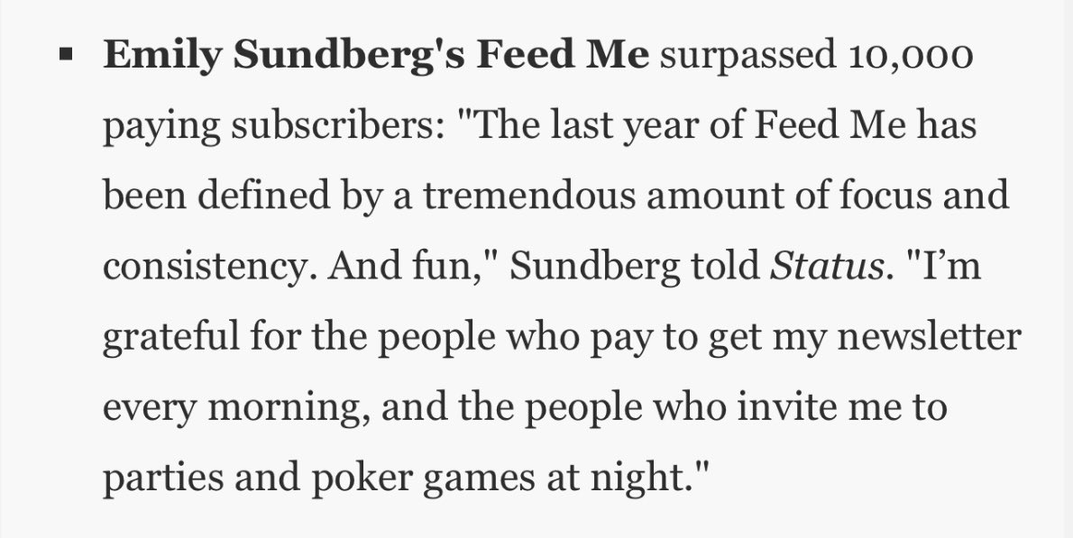 If a media company wanted to hire <a href="/Emily_Sundberg/">EMILY SUNDBERG</a> at this point, it would have to match her annualized subs income with the salaries of … 3 senior writers? (2 if you’re the Atlantic)