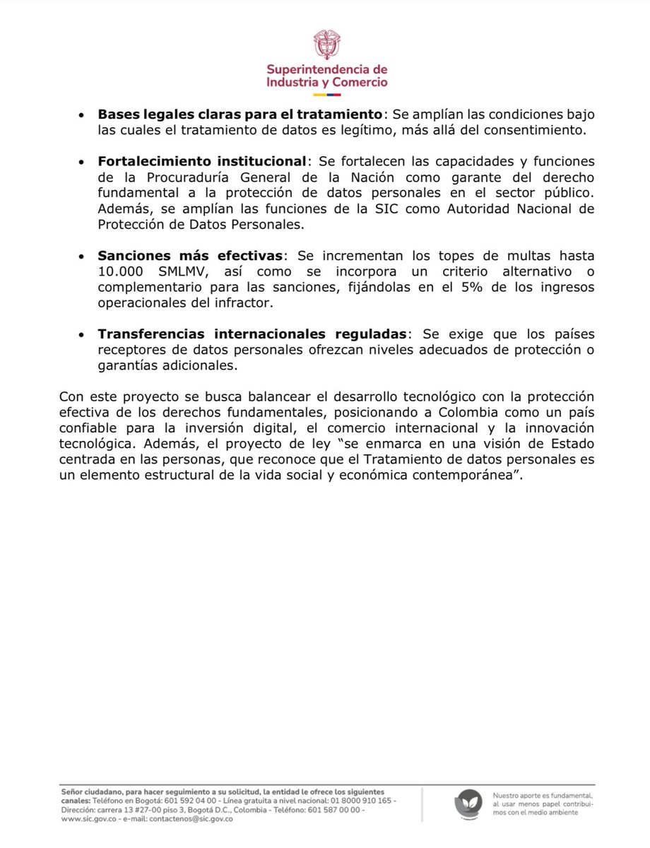 📢 Gobierno Nacional radicó el proyecto de ley que actualiza la Ley 1581 de 2012 sobre protección de #DatosPersonales. La iniciativa, liderada por <a href="/sicsuper/">Superintendencia de Industria y Comercio 🇨🇴</a>, <a href="/MincienciasCo/">MinCiencias Colombia</a> y la <a href="/PGN_COL/">Procuraduría General de la Nación</a>, busca fortalecer derechos y adaptarse a los retos de la era digital. #LaSICdelCambio