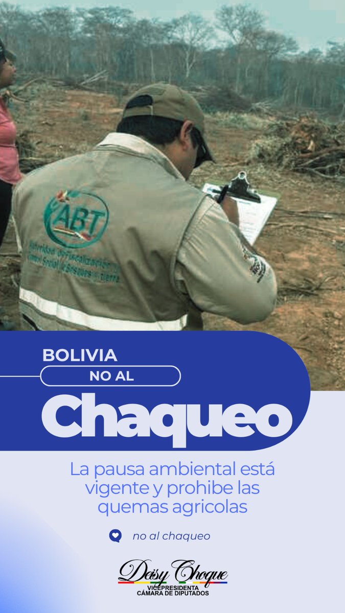 DeisyChoque5's tweet photo. 🚫🔥 ¡Alto al fuego en #Bolivia!
Está vigente la pausa ambiental ecológica:
❌ Prohibidos chaqueos
❌ Prohibidas quemas
❌ Prohibido uso de fuego agrícola o forestal

Defendamos la vida y nuestra riqueza natural 🌱🇧🇴

#CeroChaqueos https://t.co/JFI1TZe68B