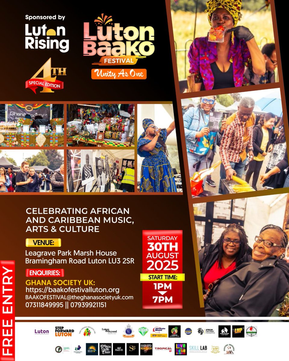 Make your way down to Luton Baako Festival, organised by the @GhanaSocietyUK. Celebrating African &amp; Caribbean heritage and diversity across Luton town, by promoting peace, love and harmony. 
Leagrave Park, Marsh House,
Bramingham Road,Luton LU3 2SR,
Not to be missed <a href="/MariaLovell_/">CLLR Maria Lovell MBE</a>