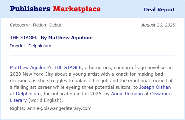 AnnieCRomano's tweet photo. So excited to see this one on the shelves next year! Congratulations to Matthew, Joe & @DelphBks! #TheStager #delphiniumbooks #olswangerliterary #agentjoy #adultfiction #contemporaryfiction #debutfiction https://t.co/86alG8mvh9
