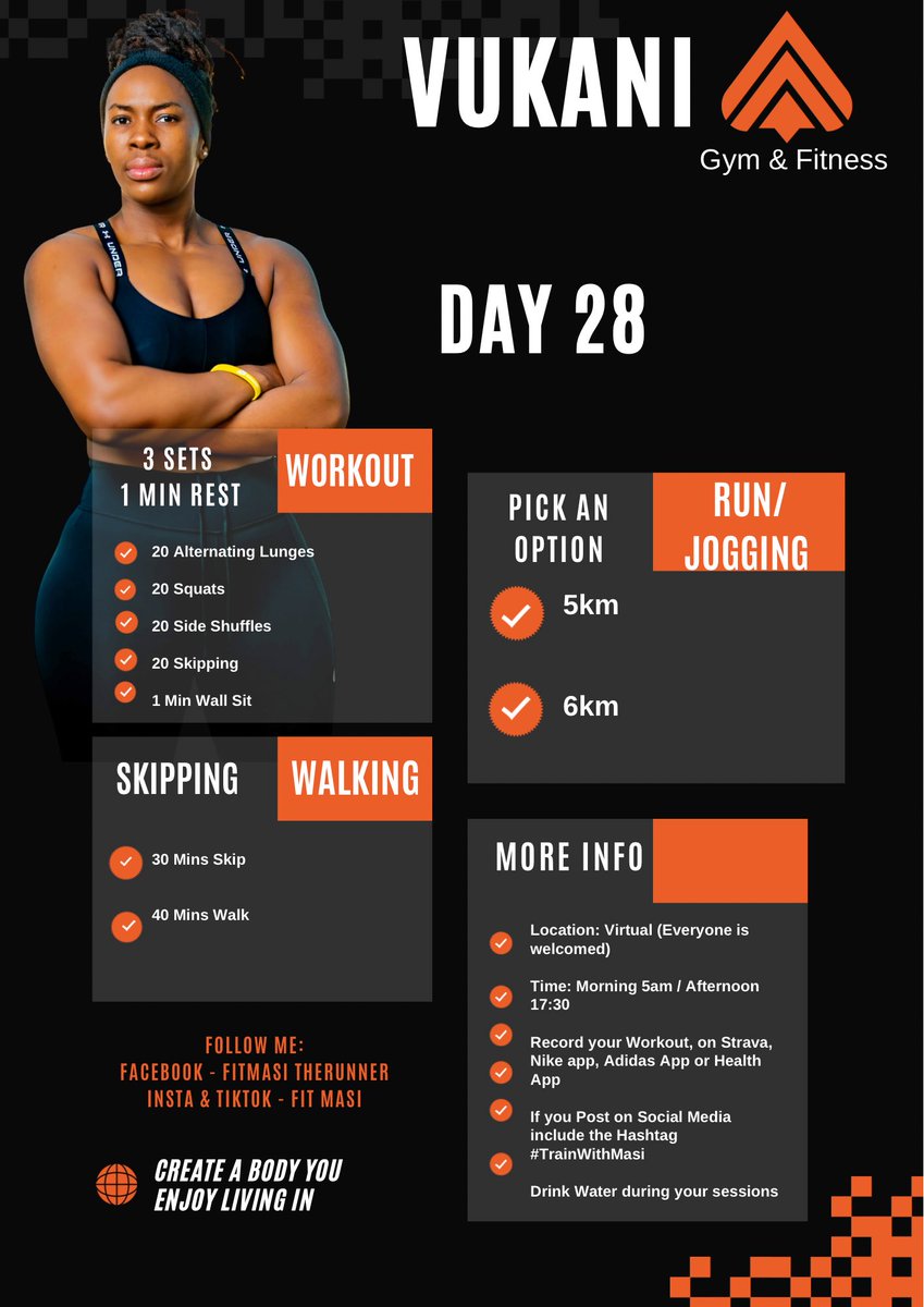 30 Days of Training!!

Well done to everyone who made it to Day 27, Here is Day 28

You can pick any option you comfortable with 😊

For Running/Jogging if you pick the first option Stick to it till the end 🤭 

#TrainWithMasi #FetchYourBody2025