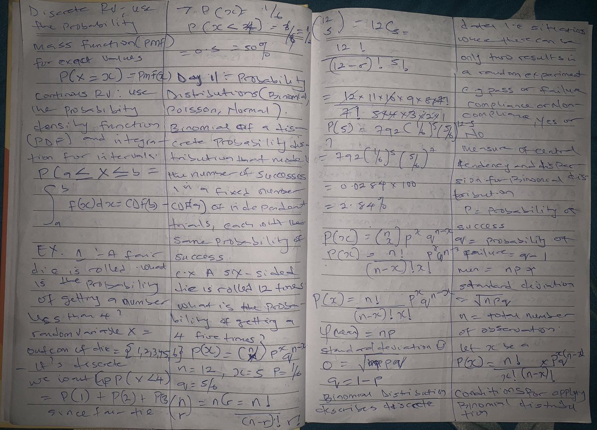 PromiseNwankw14's tweet image. 📘 Day 11: AI/ML
🔹 Math → Probability Distributions
• Binomial → successes in fixed trials
• Poisson → rare events
• Normal → bell curve 📈
🔹 Python → Loops
• for loop
• while loop
From math models to coding logic—step by step 🚀
#AI #MachineLearning  #MathForAI