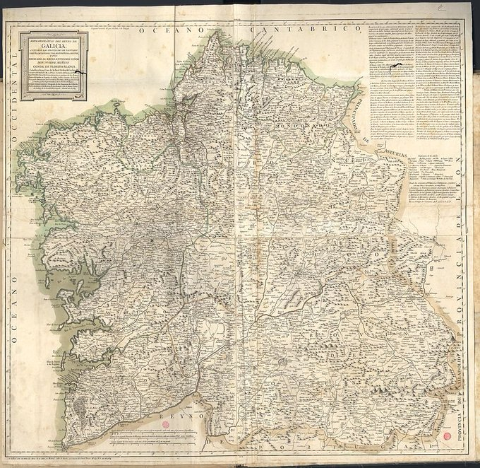 Este es uno de los mapas detallados más antiguos que se conservan de Galicia.

Con los topónimos originales que se usaban en aquella época: "La Coruña", "Orense", "Bayona", "Tuy" o "Sangenjo".

El mapa es de 1784, un poquito antes de Franco.

shre.ink/tWJx