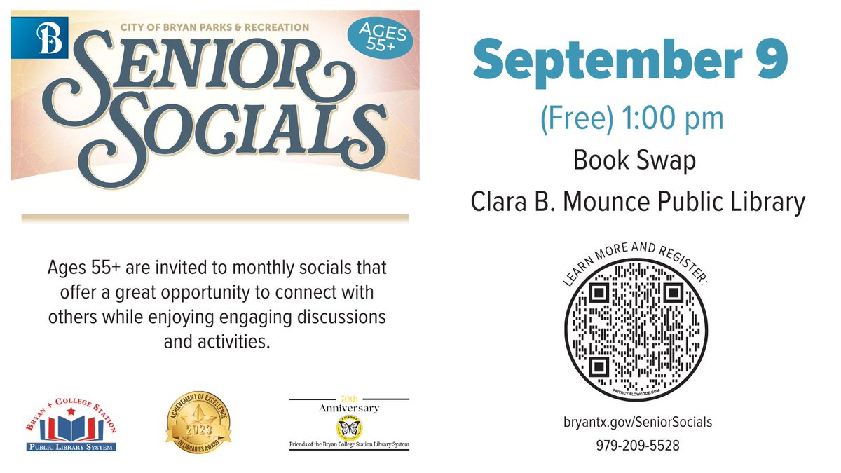 Join us on Tuesday, September 9th, at the Mounce Library as we partner with the City of Bryan Parks and Recreation Department for a Book Swap event! Ages 55. Free presentation; registration not required.
