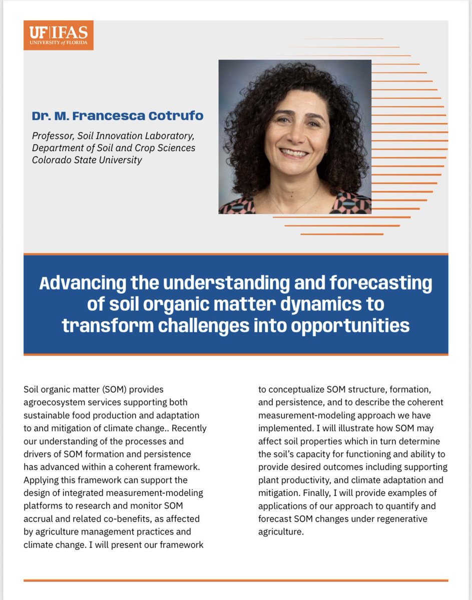 dubeux's tweet photo. This coming Friday we are excited to host Dr. Francesca Cotrufo from Colorado State University in our UF IFAS NFREC seminar series. Dr. Cotrufo is globally recognized as one of the experts in soil organic carbon! ⁦@UF_IFAS⁩ ⁦@UFIFASAgronomy⁩ ⁦@ufifasnfrec⁩ https://t.co/tkPenCBRpL