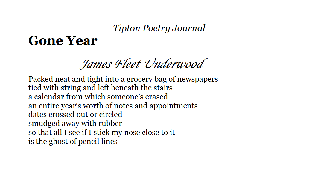 New poem out in Tipton Poetry Journal (Issue 65):
 “Gone Year”
📖 Read the full issue here → issuu.com/tiptonpoetryjo…