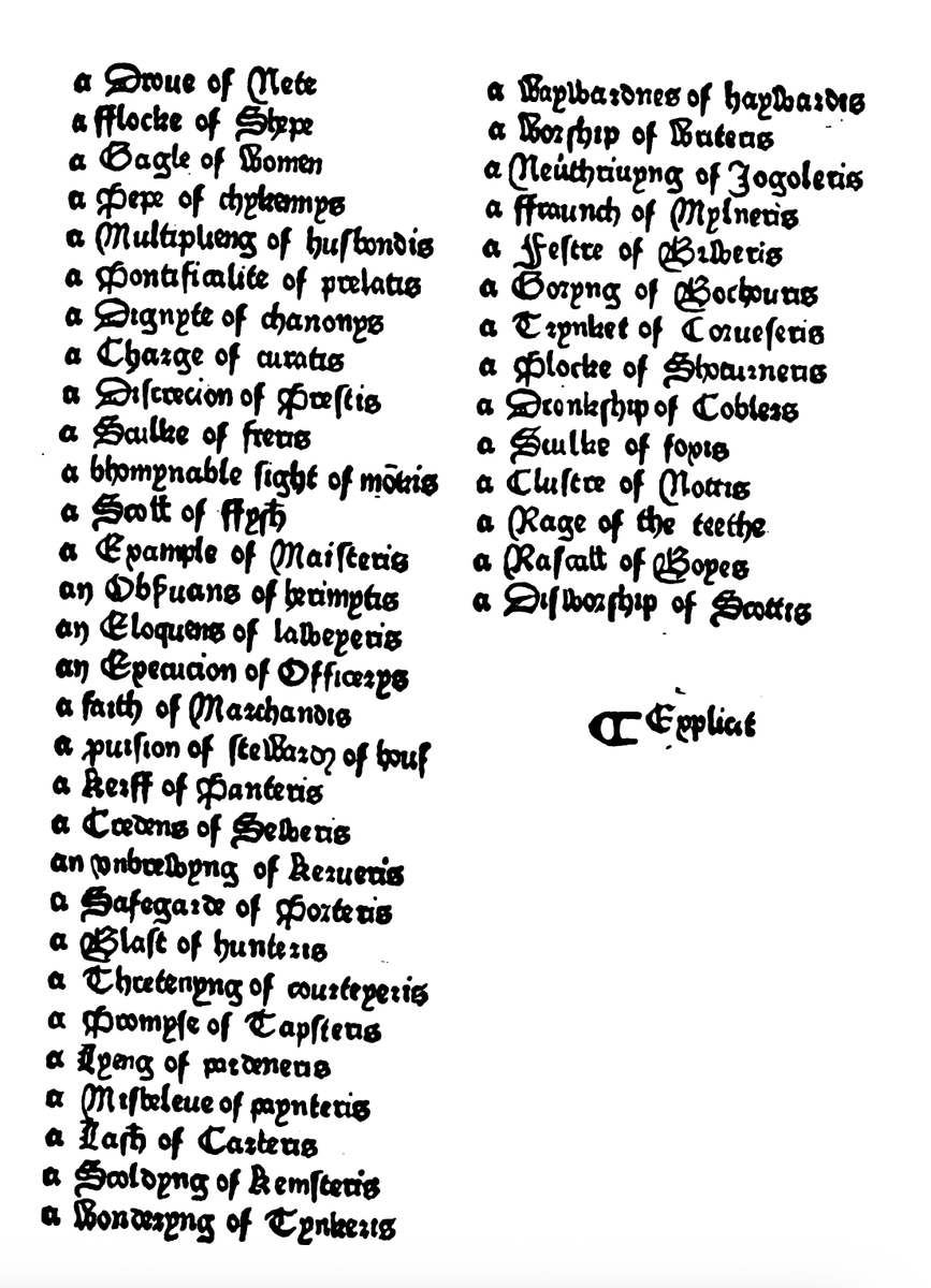 @prismaticflow <a href="/feliformer/">Fel</a> Wanted to double check this, so I downloaded a pdf of the book from google.com/books/edition/… and on pages 126-128 there's a list of The Compaynys of beestys and fowlys, including the classic "a Pride of Lionys" in the top right, and "a Beſynes of ferettis" five below.

Confirmed.