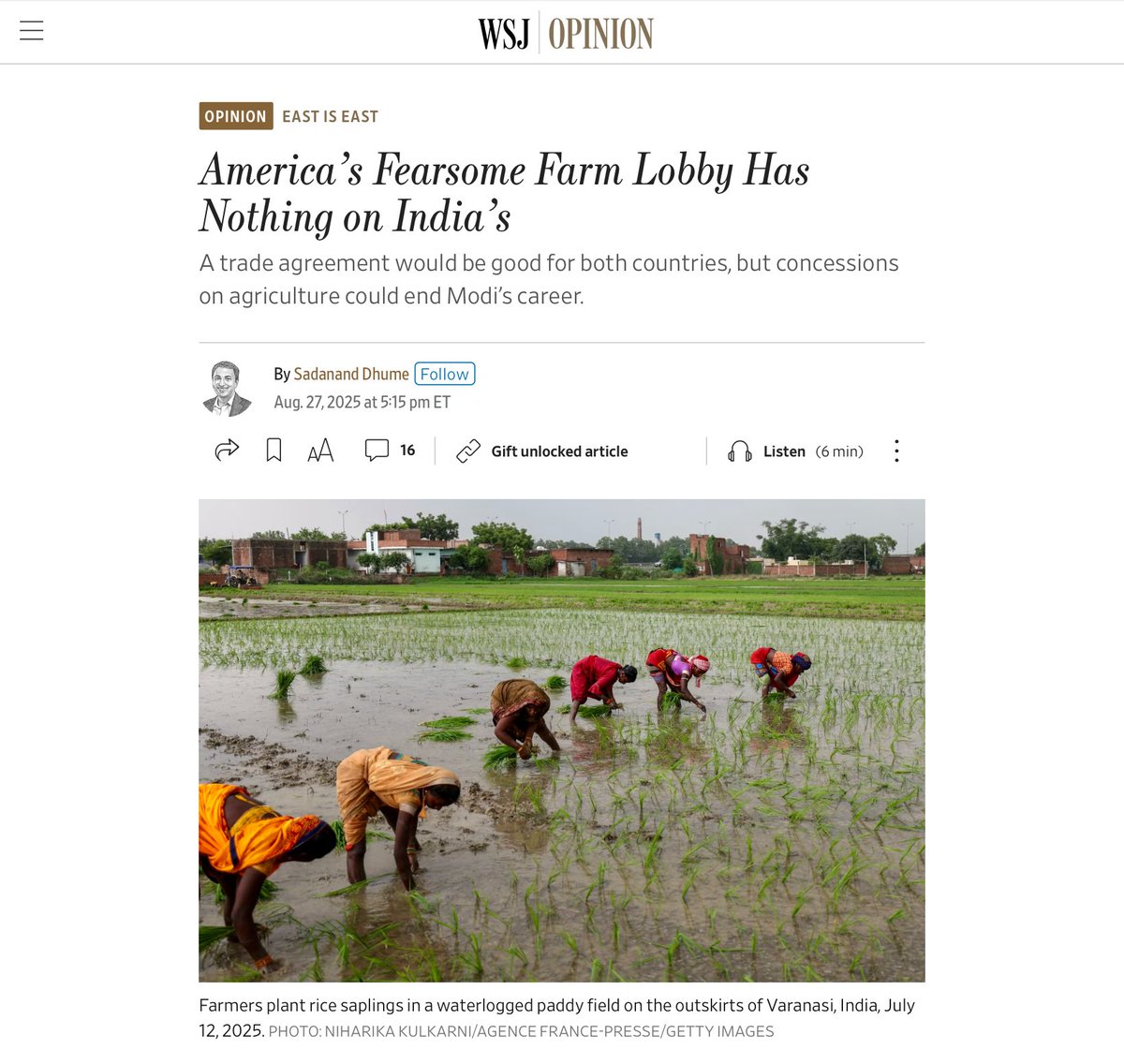 A U.S.-India trade deal would be mutually beneficial. But with 44% of India’s workforce in agriculture, Modi can’t afford to upset farmers. [My take]