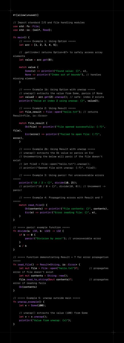 olujimi_the_dev's tweet image. Rust keeps you safe: Option, Result, and unwrap show you how to handle errors without surprises ⚡️🦀 #RustLang #SafeCode #ErrorHandling
