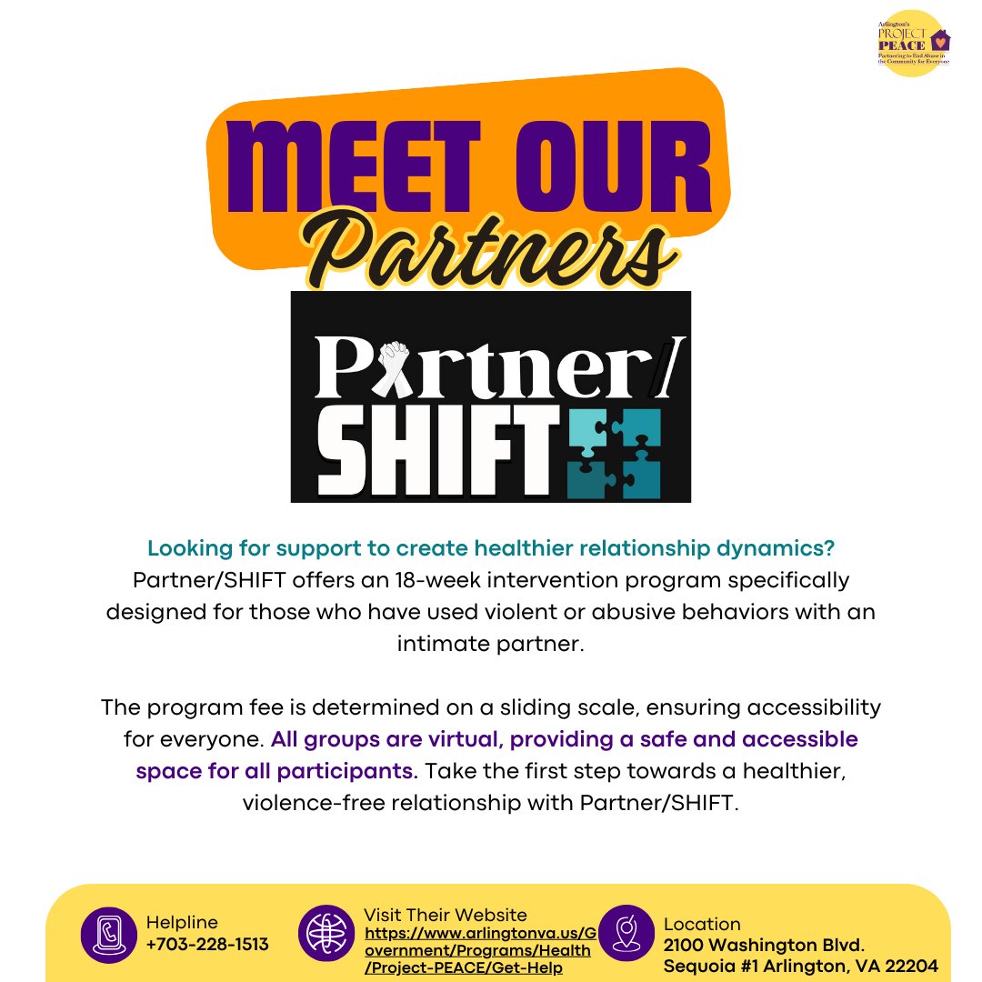 In Arlington, healing includes accountability. The Partner/SHIFT program (formerly AIP) offers trauma-informed, state-certified intervention for adults who’ve used controlling behaviors or harm in relationships. Learn more: tinyurl.com/25t6ause