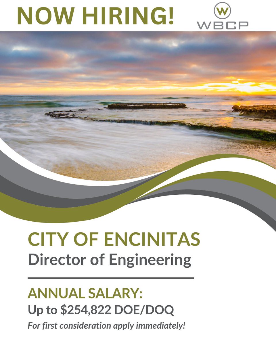 wbcpinc's tweet image. ✨ The City of Encinitas is hiring a Director of Engineering to guide capital improvement and traffic engineering projects in a vibrant coastal community. 🌊

📌 @EncinitasGov
📃 Apply Today! Link In Bio

 #EncinitasJobs #EngineeringDirector #PublicSectorJobs #CapitalProjects