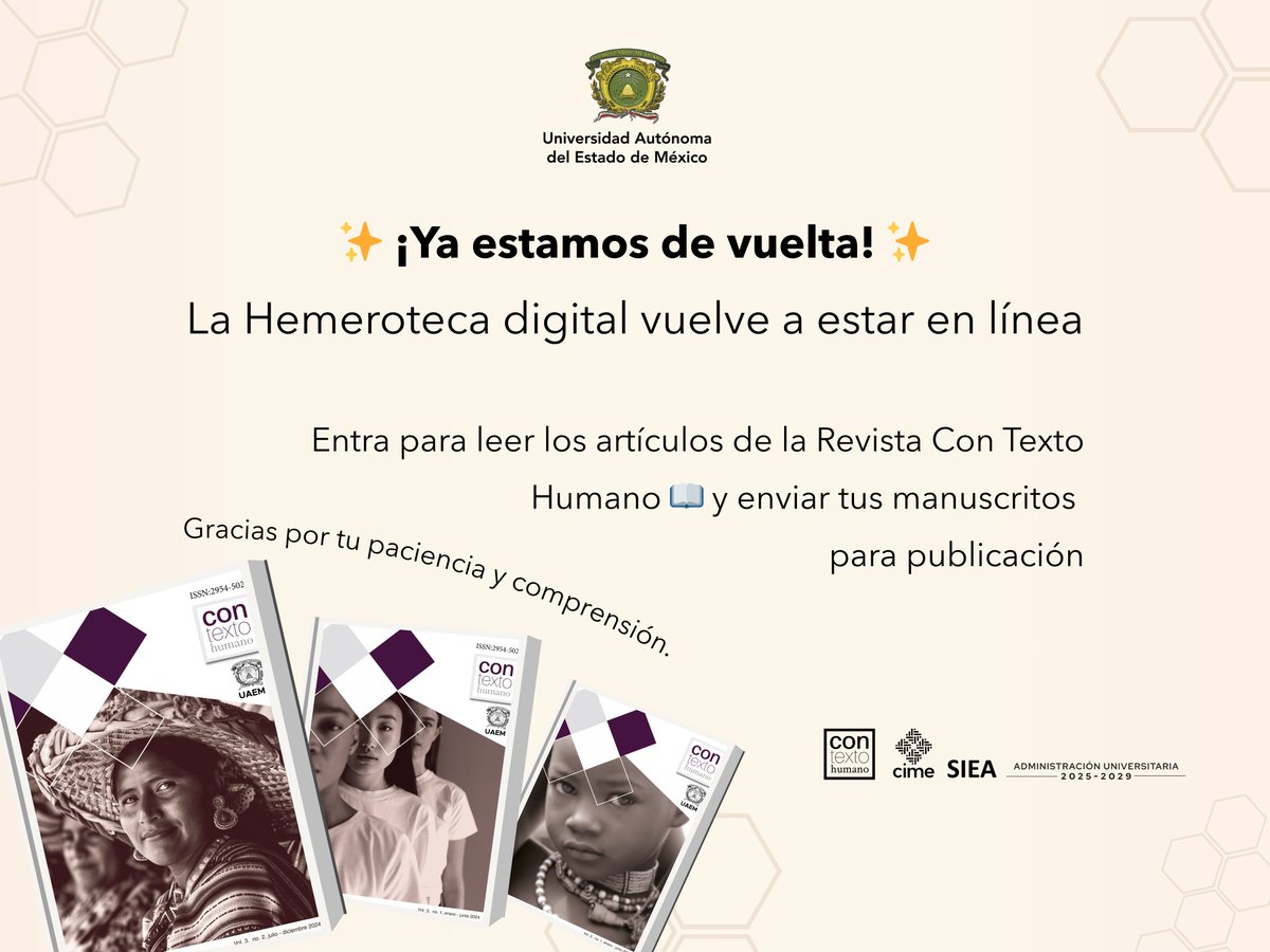 ConTexto_Humano's tweet image. Entra para leer los artículos de la Revista Con Texto Humano 📷 y enviar tus manuscritos para publicación 📷.
¡Gracias por tu paciencia! 📷📷
hemeroteca.uaemex.mx/index.php/cont…